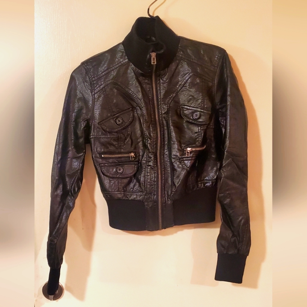 Juniors Crop Black Faux Leather Jacket